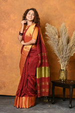 Thumbnail for Very Much Indian Handloom Pure Cotton Linen Saree With Golden Border - Dark Maroon - Distacart