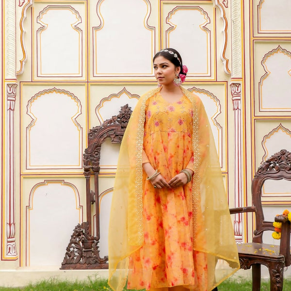 Vaasva Women Yellow Organza Floral Embroidered Anarkali Kurta, Pant & Dupatta set - Distacart