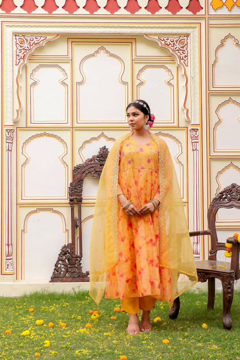 Vaasva Women Yellow Organza Floral Embroidered Anarkali Kurta, Pant & Dupatta set - Distacart
