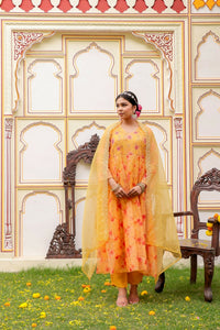 Thumbnail for Vaasva Women Yellow Organza Floral Embroidered Anarkali Kurta, Pant & Dupatta set - Distacart