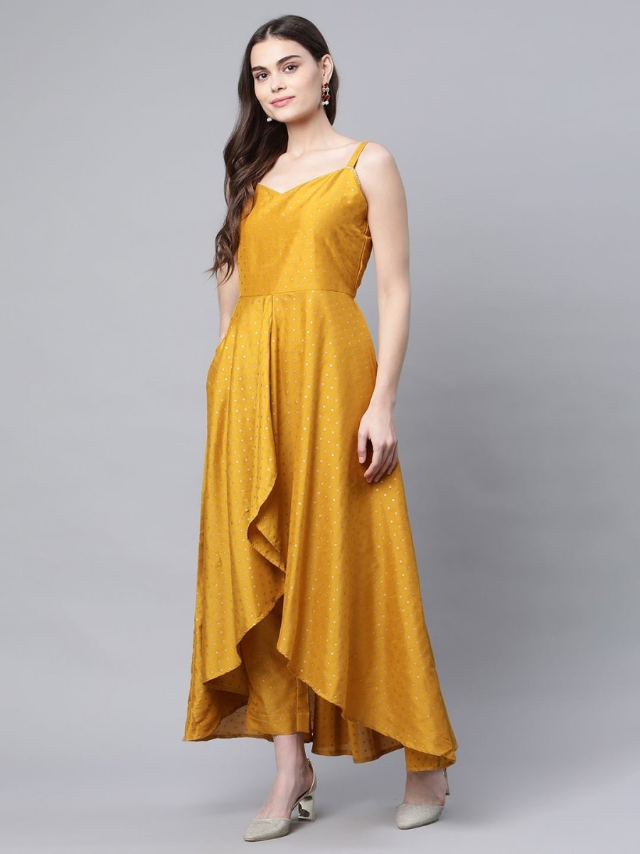 Ahalyaa Women Mustard Poly Silk Gold-Toned Printed Kurta With Trousers - Distacart