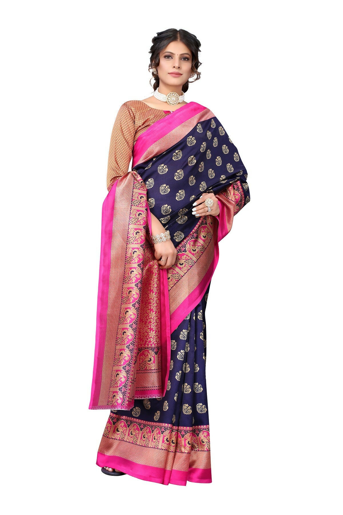 Vamika Navy Blue Printed Art Silk Saree - Distacart