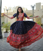 Thumbnail for Jyoti Fashion Women's Navy Blue Patola with Foil Print Dola Silk Anarkali Dress - Distacart