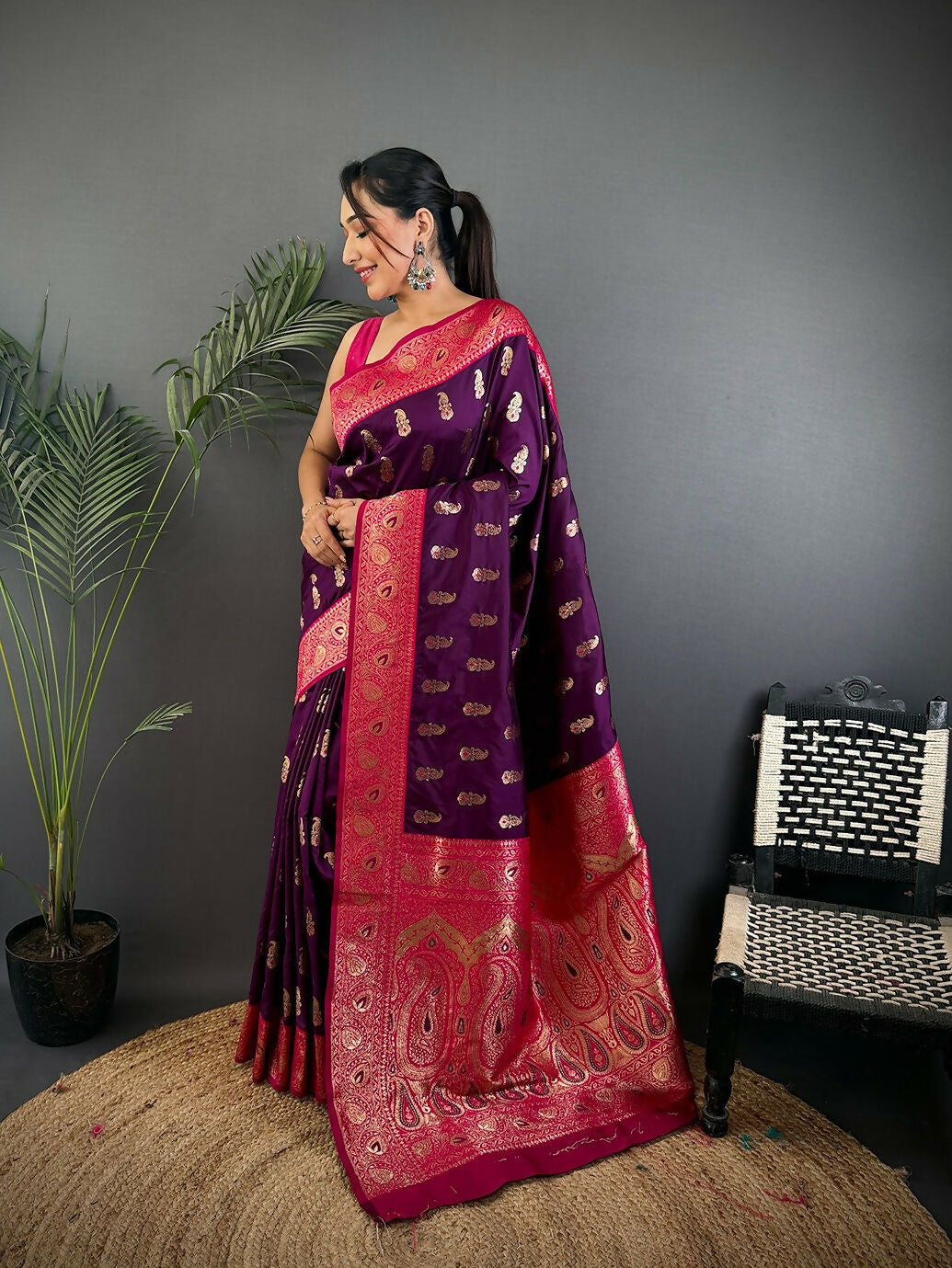 Joban Fashion Banarasi Purple Woven Butti Soft Silk Saree