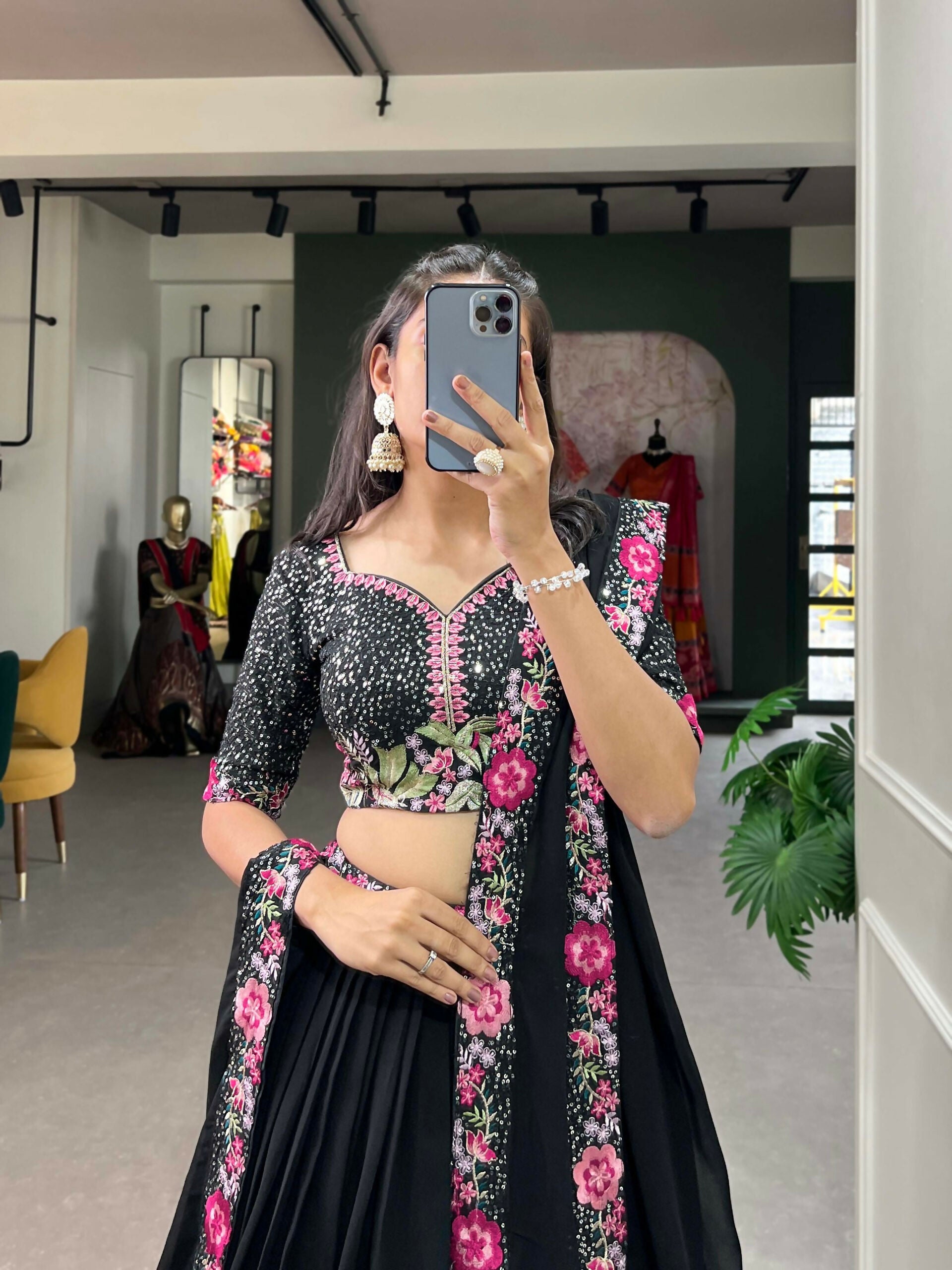 Vastranavya Party Wear Sequins And Delicate Embroidery Work Belt Lehenga Choli - Black - Distacart