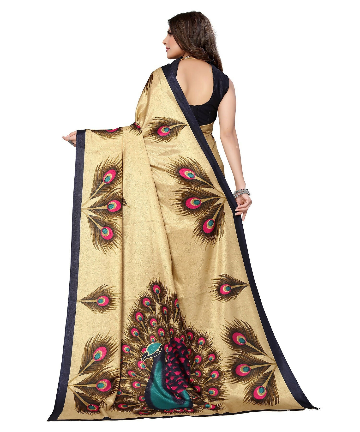 Vamika Golden Cream Printed Art Silk Saree - Distacart
