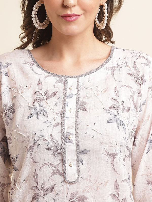 Ode by House of Pataudi Printed Gotta Patti Linen Straight Kurta with Trousers & Dupatta - Distacart