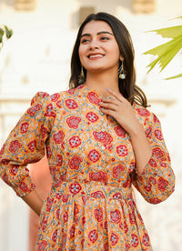 Thumbnail for Kaajh Women's Yellow-Red Floral Hand Block Print Cotton Dress - Distacart
