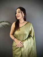 Thumbnail for Joban Fashion Sage Green Floral Motifs & Ethnic Design Soft Satin Silk Kanchipuram Saree - Distacart