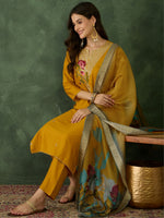 Thumbnail for The52 Mustard Women's Beautiful Rayon Fabric Embroidered Work Straight Kurta, Pant and Dupatta Set - Distacart