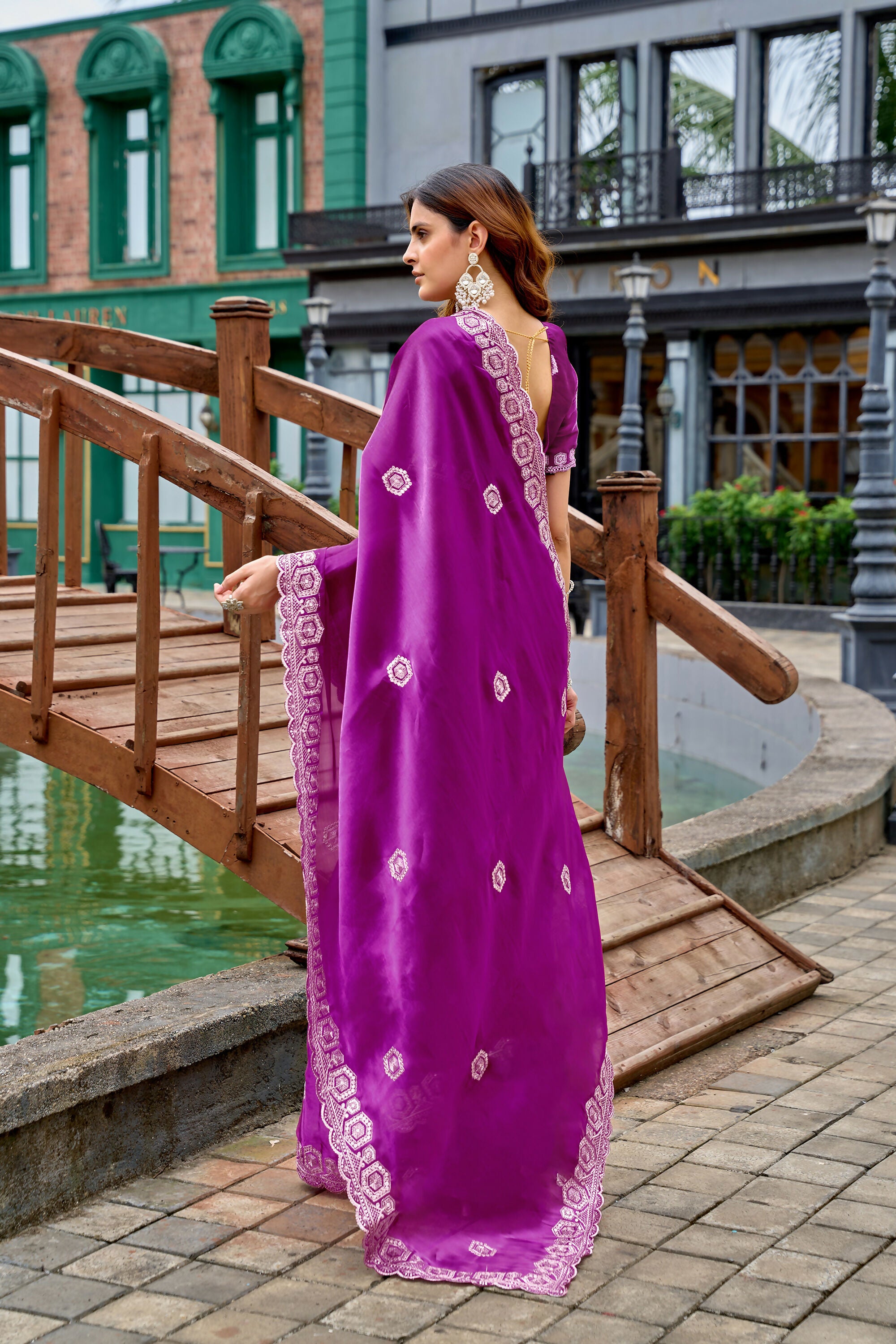 Vastranavya Purple Embroidery Work Shimmer Chiffon Saree with Unstitched Blouse