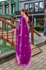 Thumbnail for Vastranavya Purple Embroidery Work Shimmer Chiffon Saree with Unstitched Blouse
