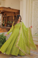 Thumbnail for Aastha Fashion Women's Green Russian Silk Kali Pattern Work in Flair Anarkali Dress with Dupatta - Distacart