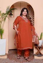 Thumbnail for Miravan Women's Plus Size Orange Embroidered Straight Kurta with Palazzo and Dupatta set - Distacart