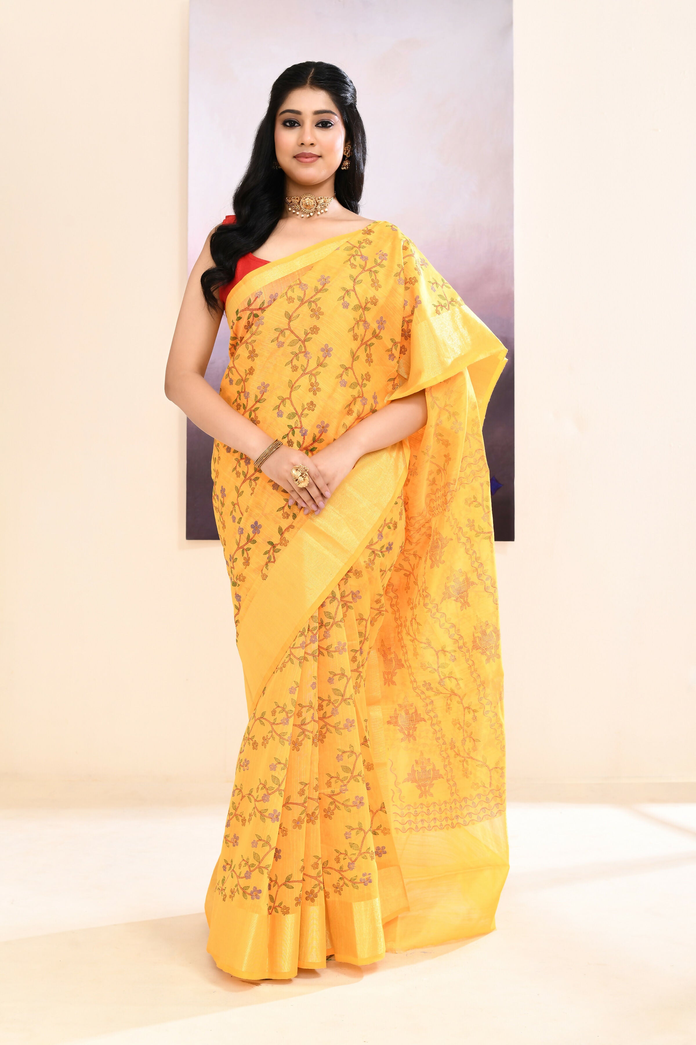 Piyari Fashion Women's Yellow Embellished Cotton Blend Printed Saree - Dista