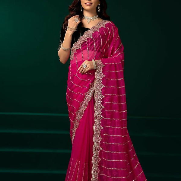 Joban Fashion Rani Pink Net Party Wear Sarees - Distacart