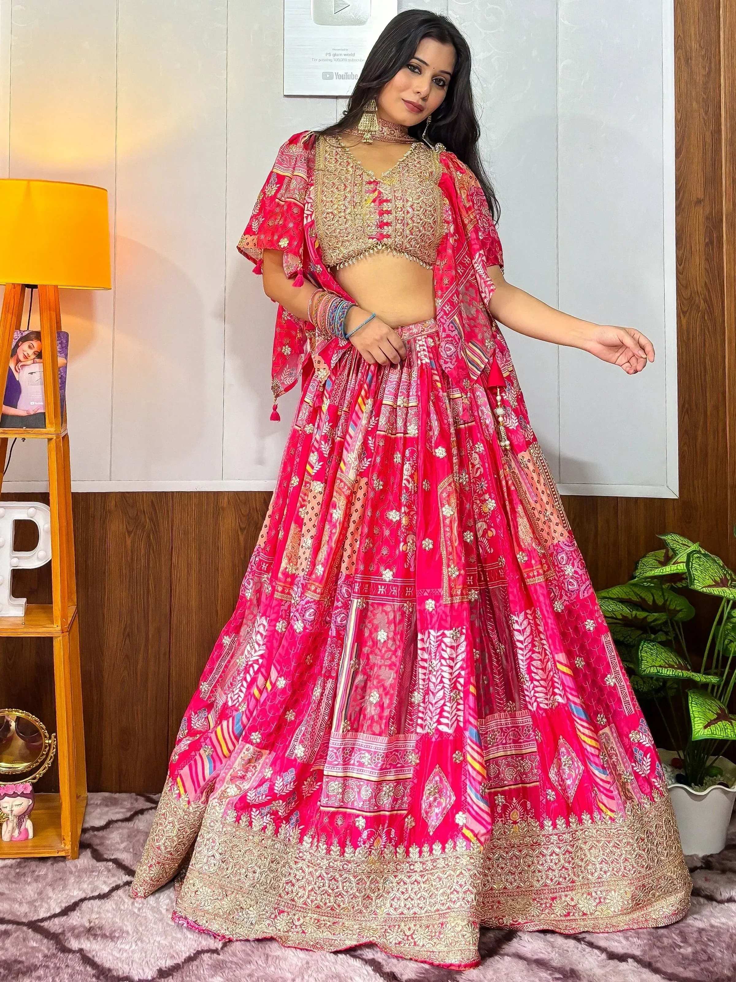 Tulsi Art Alluring Pink Digital Printed Chinon Sangeet Wear Lehenga Choli With Dupatta - Dista