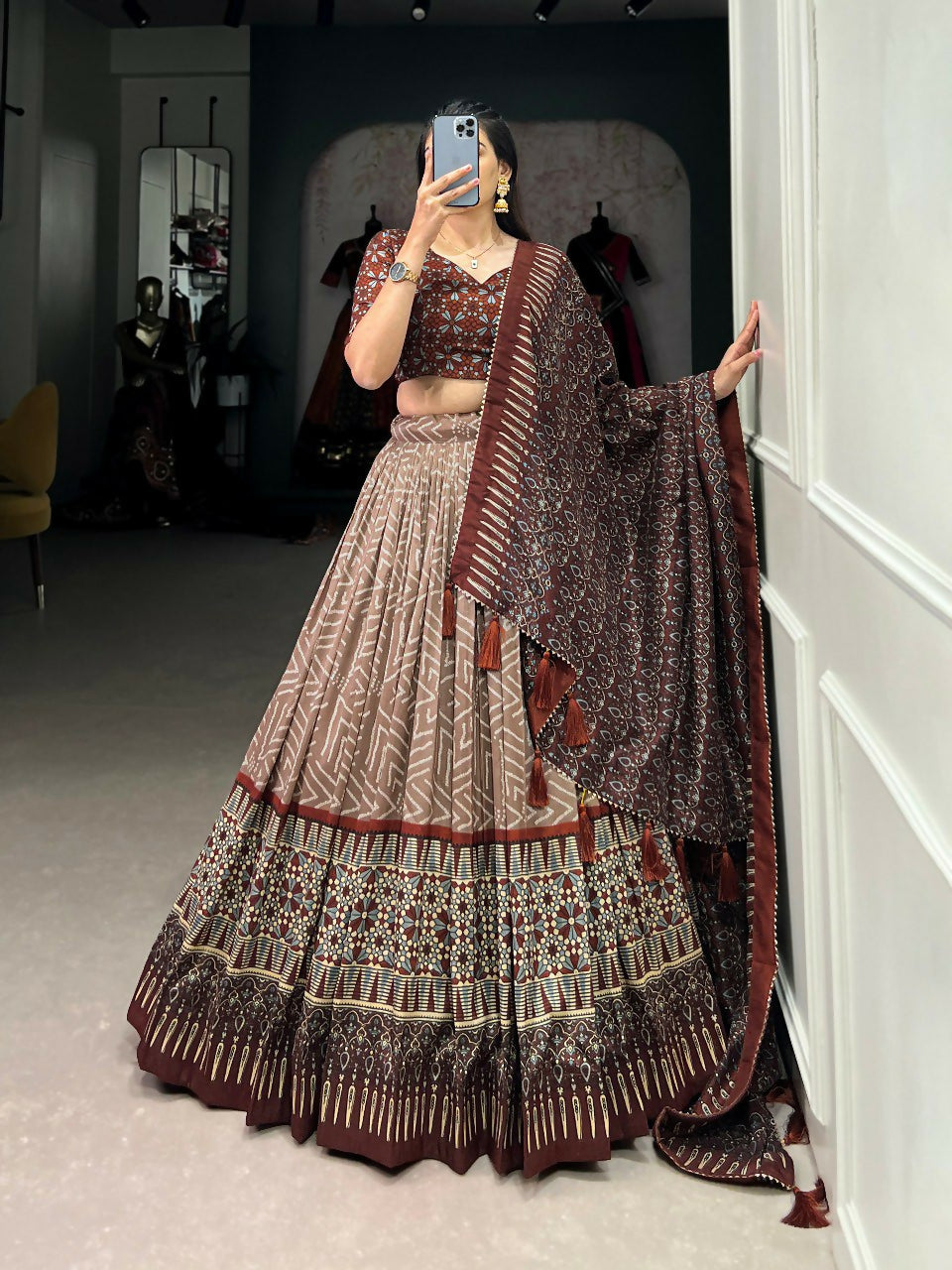Vastranavya Bandhej And Ajarakh Print Tussar Silk Lehenga Choli - Brown - Distacart