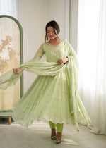 Thumbnail for Teeya Creation Pista Color Faux georgette Embroidery Work Wedding Wear Gown - Distacart