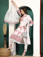 Thumbnail for Sangria White Ethnic Motifs Embroidered Notch Neck Cotton Kurta With Trouser & Dupatta - Distacart