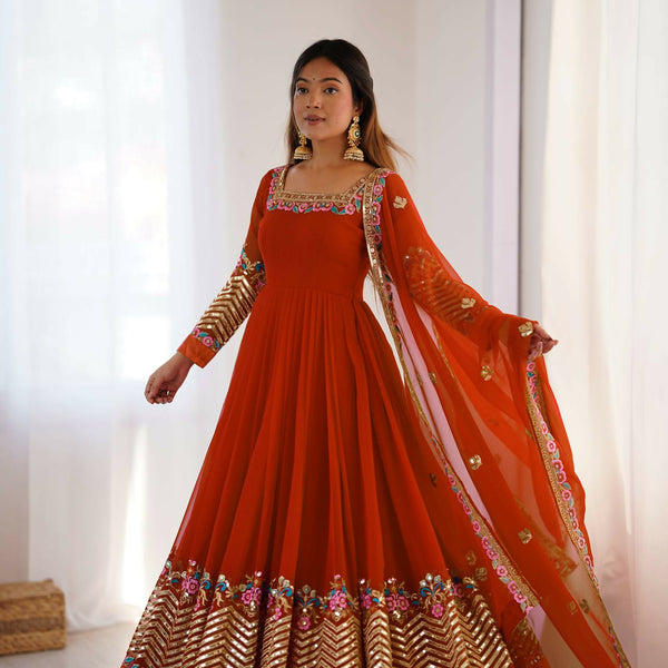 Prazu Fashion Orange Georgette Embroidered Sequence Anarkali Suit