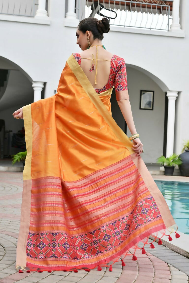 Vishnu Weaves Women's Mustard Raw Silk Patola Zari Woven Saree with Blouse