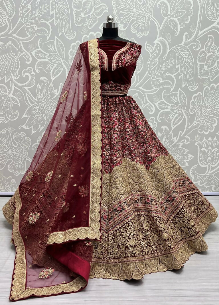 Jyoti Fashion Women's Maroon Velvet Fancy Dori & Sequins Multi Thread Embroidered with Diamond Work Wedding Lehenga Choli - Distacart