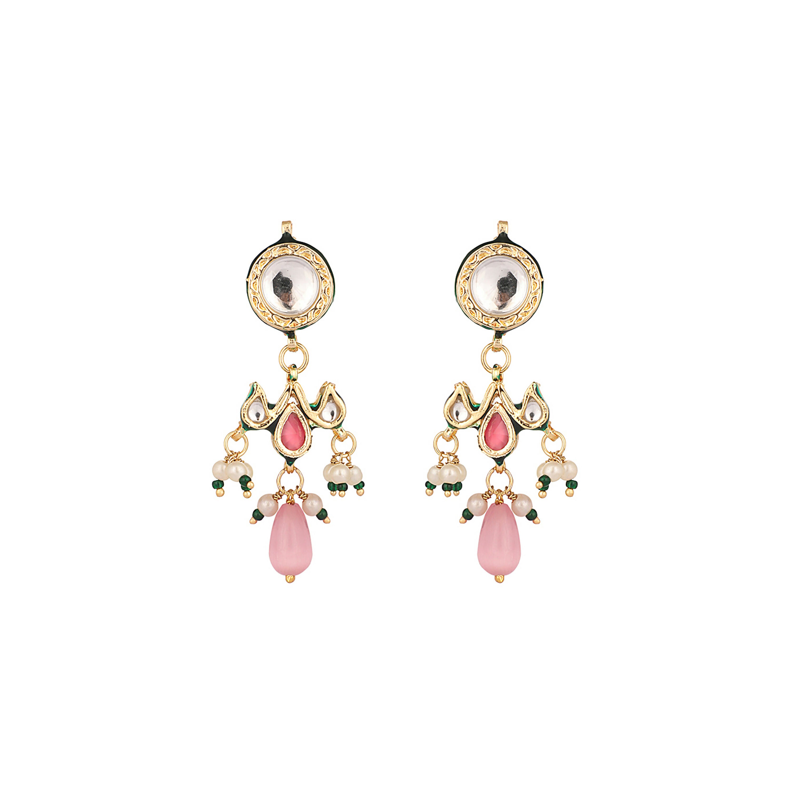 Nuyug 22K Gold Plated Pearl Empress Flora Pink Stone Drops Necklace Set