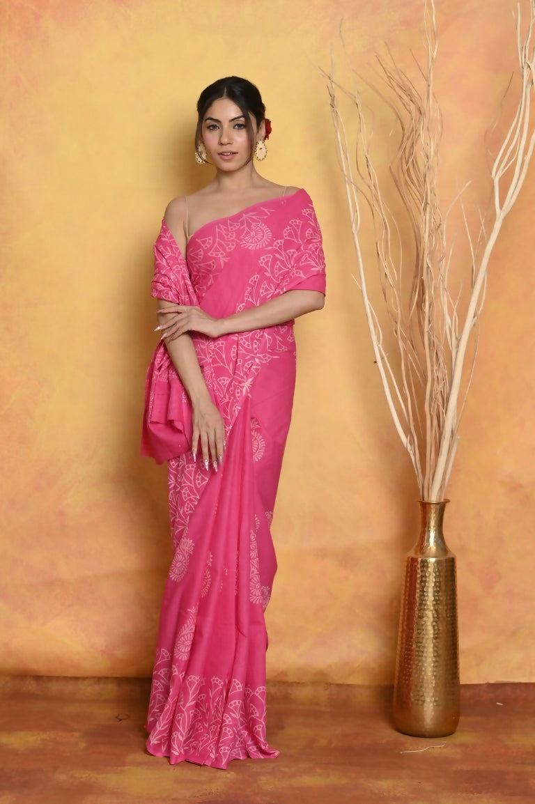 Very Much Indian Handblock Printed Cotton Saree With Natural Dyes - Pink - Distacart