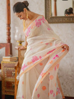 Thumbnail for Prime Volt Women's Off-White Floral Digital Print Soft Linen Saree With Blouse - Distacart