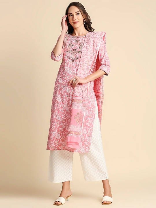 Anubhutee Pink Ethnic Motifs Printed Pure Cotton Kurta with Palazzos & Dupatta - Distacart