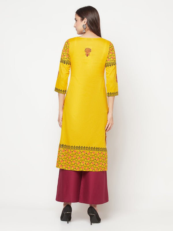 Aniyah Mustard Cotton Block Print Straight Kurta