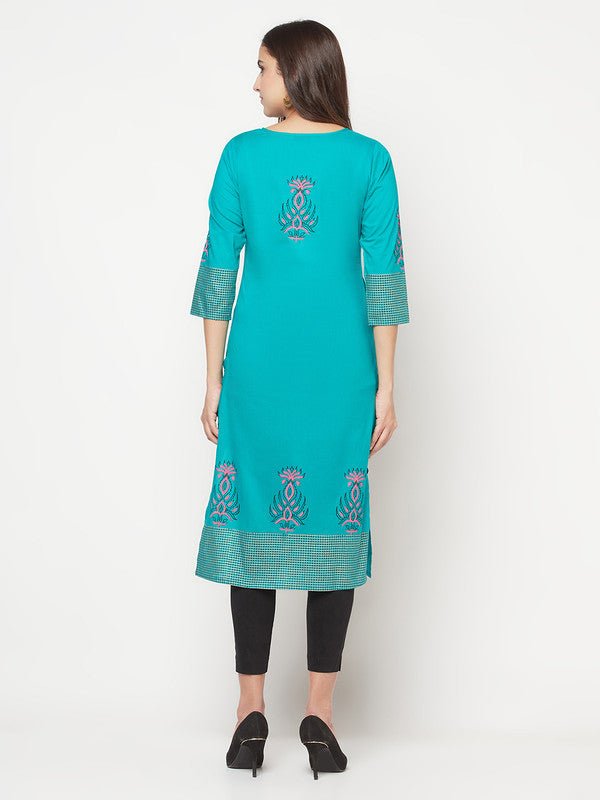 Aniyah Cotton Block Print Turquoise Straight Kurta