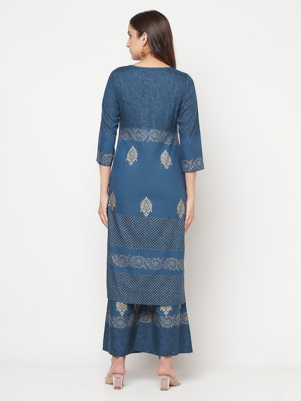 Aniyah Rayon Block Print Blue Straight Kurta Palazzo Set