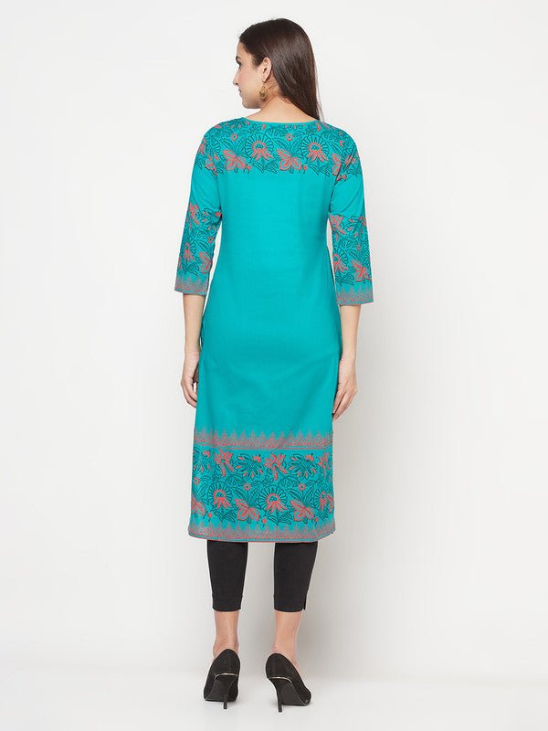 Aniyah Turquoise Cotton Block Print Straight Kurta