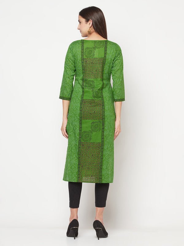 Aniyah Cotton Block Print Green Straight Kurta