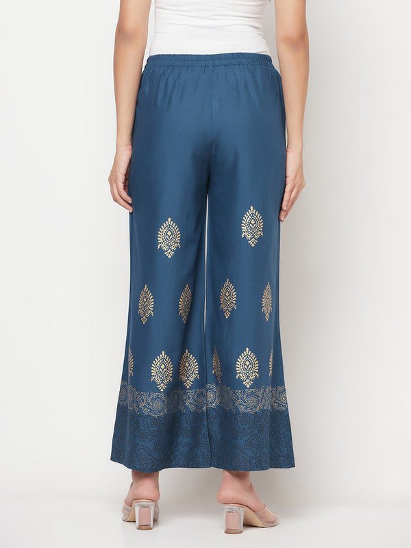 Aniyah Rayon Block Print Flared Slip-on Blue Palazzo