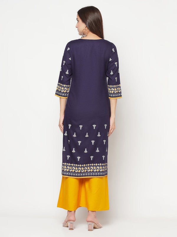 Aniyah Rayon Screen Print Navy Blue Straight Kurta