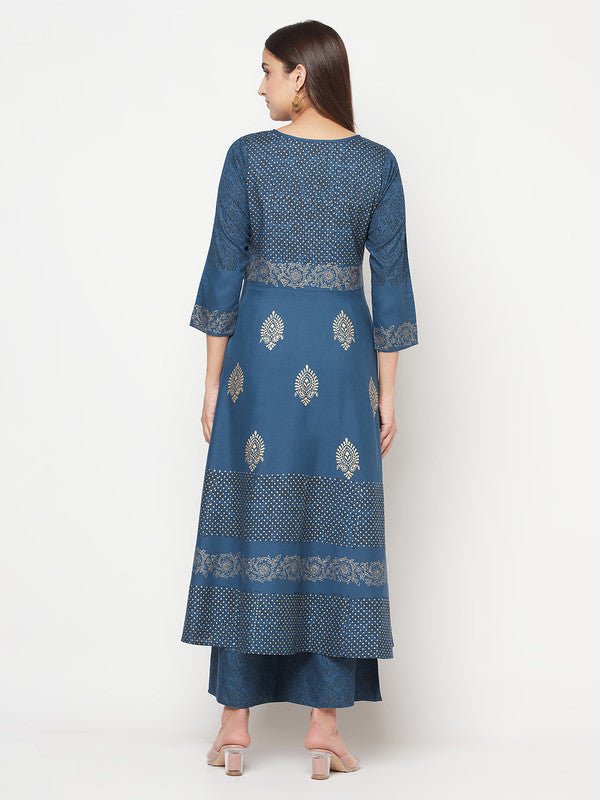 Aniyah Rayon Block Print Blue Anarkali Palazzo Set