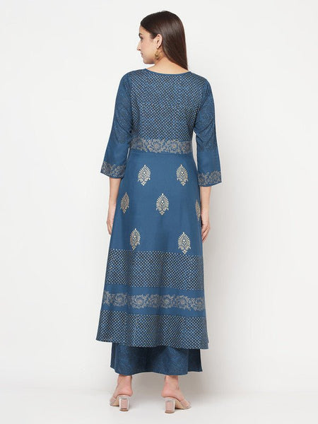 Aniyah Rayon Block Print Blue Anarkali Palazzo Set