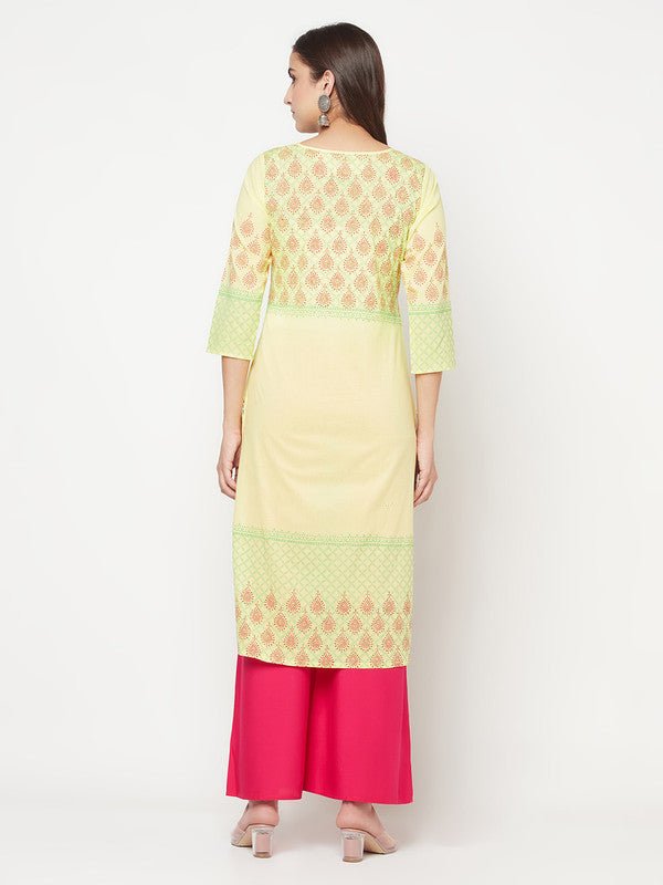 Aniyah Cotton Block Print Lemon Yellow Straight Kurta