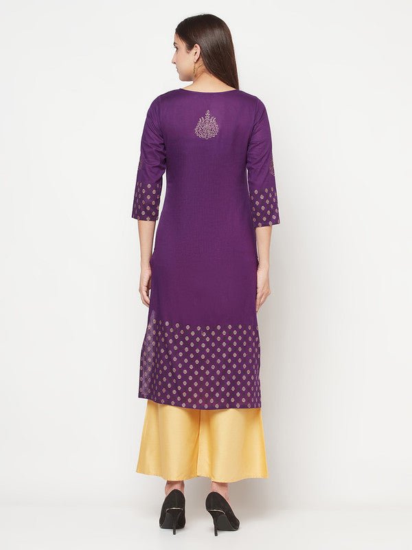 Aniyah Cotton Foil Print Purple Straight Kurta