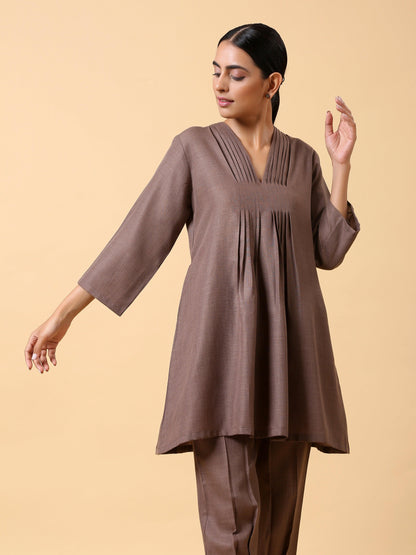 trueBrowns Cotton Linen Burnt Brown Pleated Co-Ord Set - Distacart