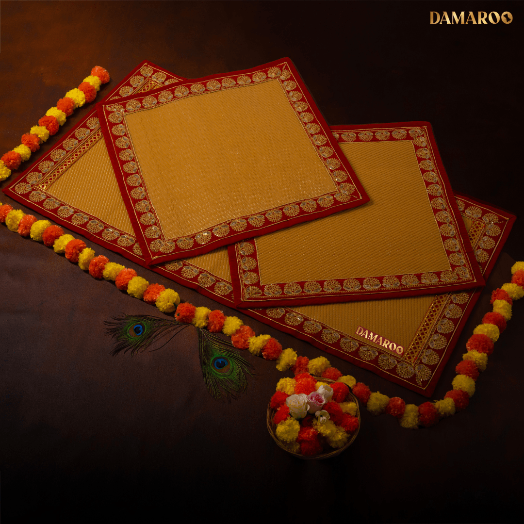Damaroo Combo Pack of 3 | Elegant Nylon Pooja Aasan & Mat | Red Sequins Border - Golden Husk - Distacart