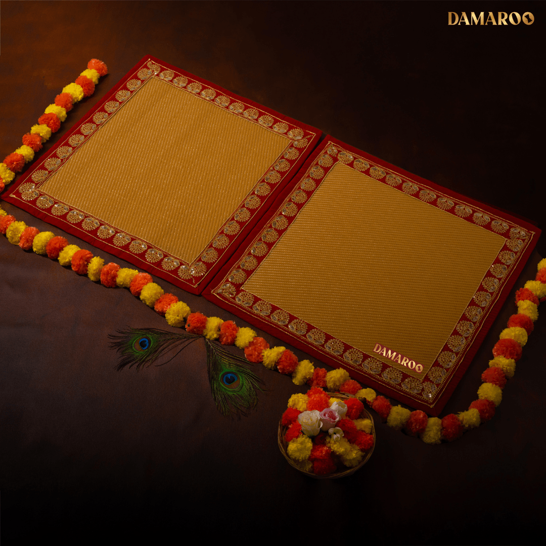 Damaroo Set of 2 | 2x2 ft | Elegant Nylon Pooja Aasan | Red Sequins Border - Golden Husk - Distacart