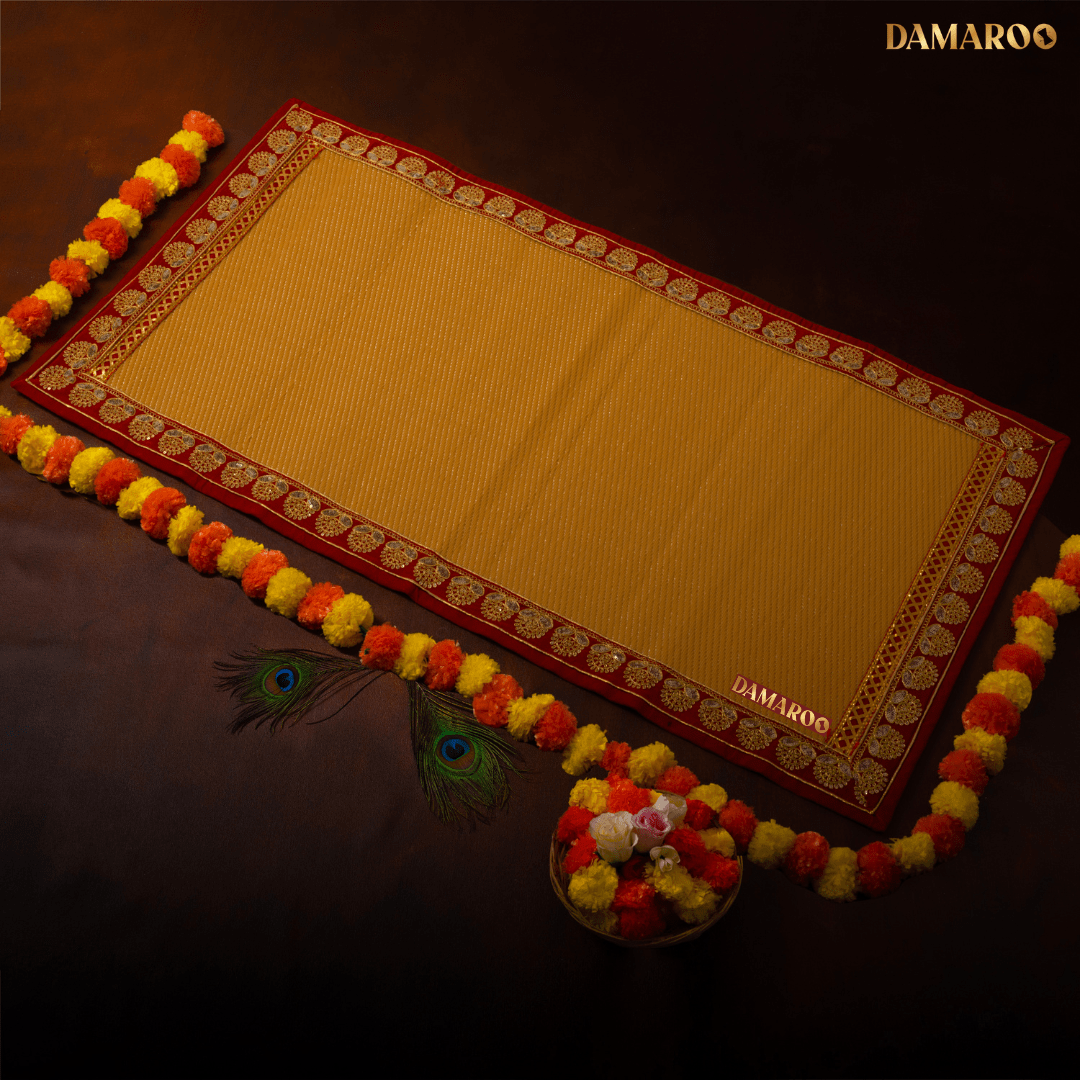 Damaroo 2x4 ft | Elegant Nylon Pooja Mat | Red Sequins Border - Golden Husk - Distacart
