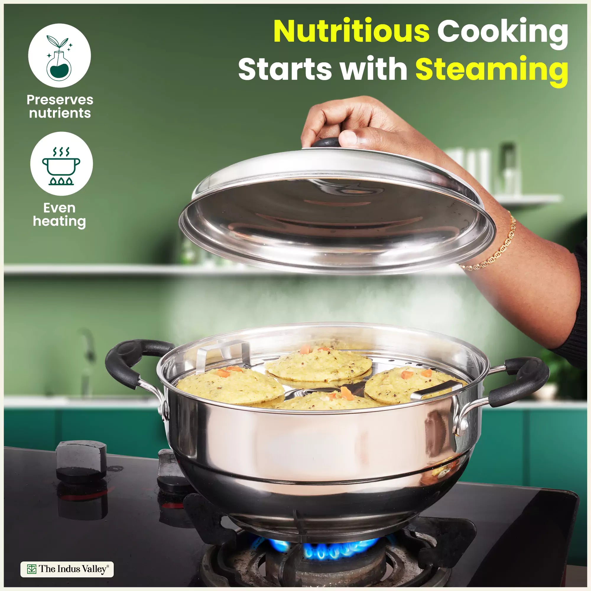 The Indus Valley 8 Pit Tri-Steel Multi Pot Premium Stainless Steel Idli/ Dhokla/ Momo Maker/ Veg Steaming Set, Tri-ply Induction Bottom, 5 Plates, 3L