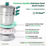Thumbnail for The Indus Valley Tri-steel Multi Cooker Pot Premium Stainless Steel Momo Maker/ Idiyappam/ Biryani/  Veg Steaming Set, 3 Pots, 21cm