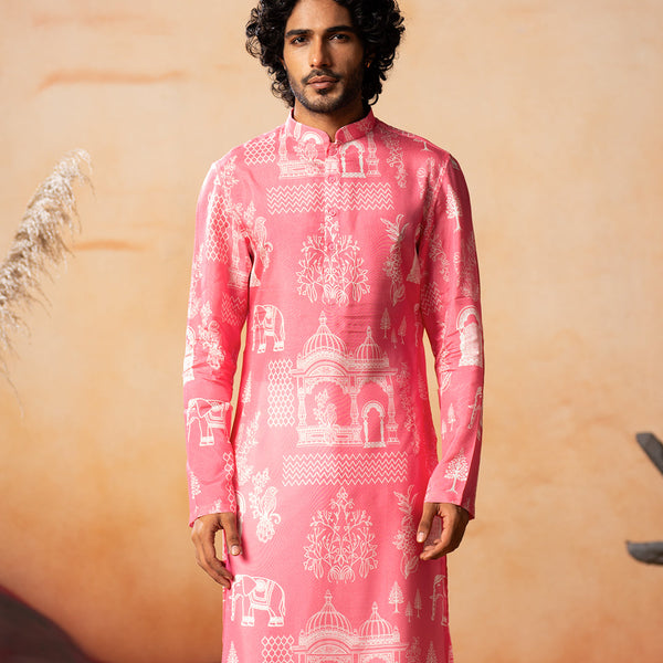 Botanical Architecture Traditional Printed Silk Kurta by Hilo Design - Distacart