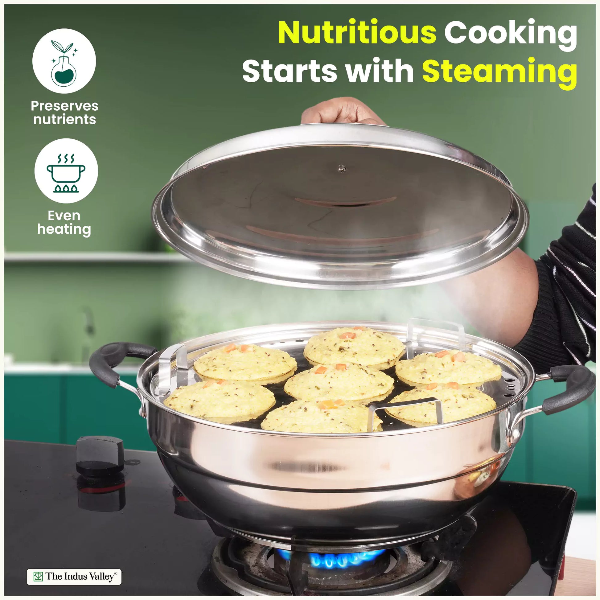 The Indus Valley 14 Pit Tri-Steel Multi Pot Premium Stainless Steel Idli/ Dhokla/ Momo Maker/  Veg Steaming Set, Tri-ply Induction Bottom, 5 Plates, 4.2L, 2.5kg - Distacart